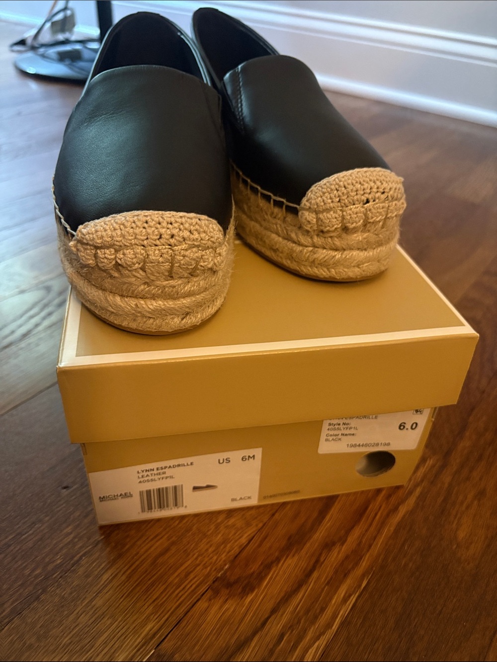 Michael Kors Black Leather Espadrille Platform Slip-On with Natural Jute Trim